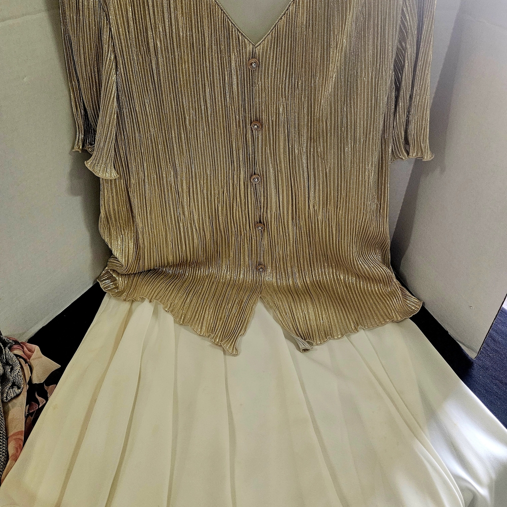 Gold Pleated Women's Top And Flowy Cream Colored Skirt